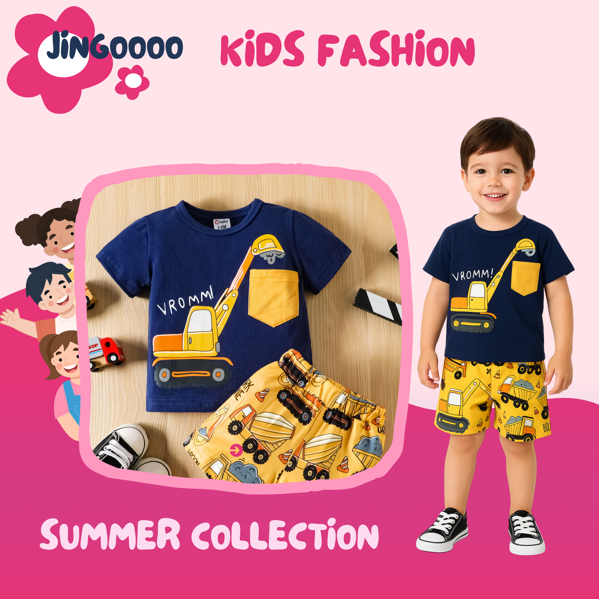 Navy blue excavator print & yellow Short Set