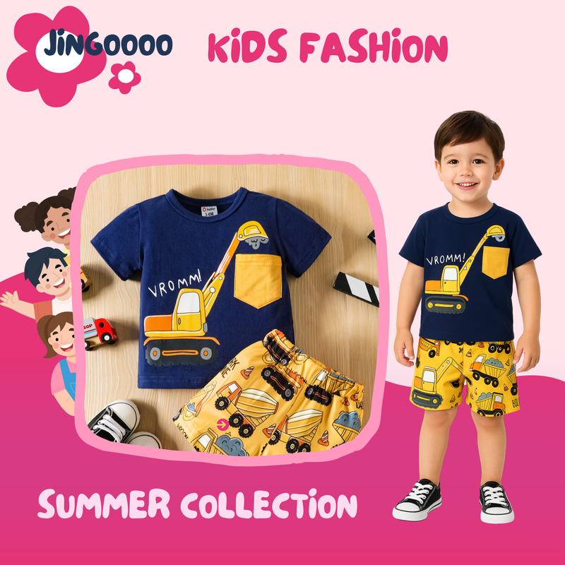 Navy blue excavator print & yellow Short Set