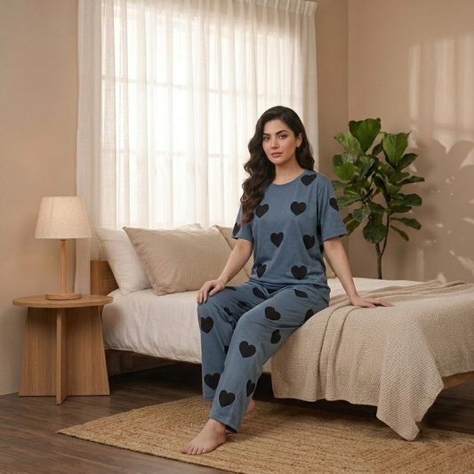 Slate Blue Black Heart Printed Pajama Set