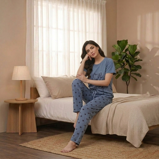 Dusty Blue Love & Star Printed Pajama Set