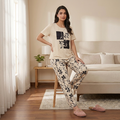 Beige Botanical Print Pajama Set
