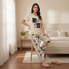 Beige Botanical Print Pajama Set