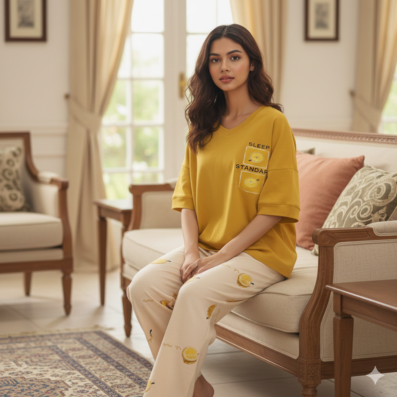 YELLOW FLOWER PRINTED NIGHTWEAR