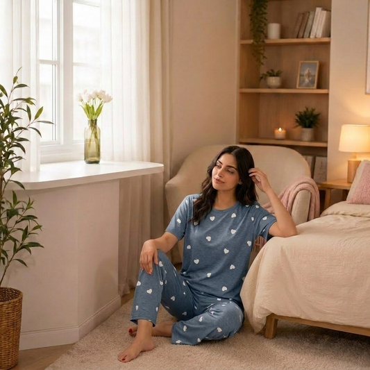 Dusty Blue Mini Heart Printed Pajama Set
