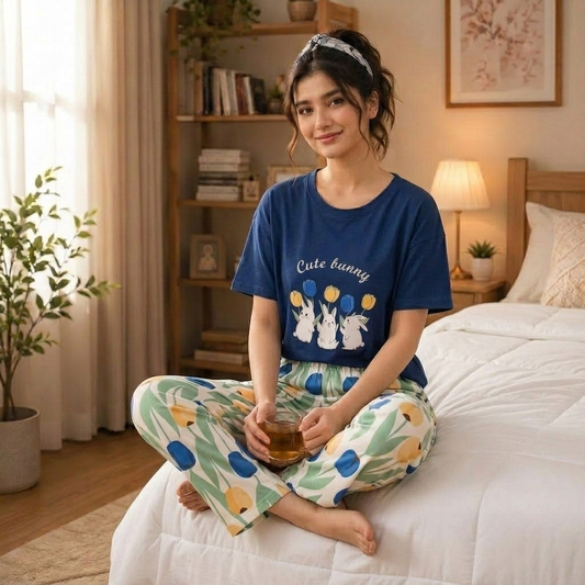 Navy Blue Bunny & Tulip Printed Pajama Set