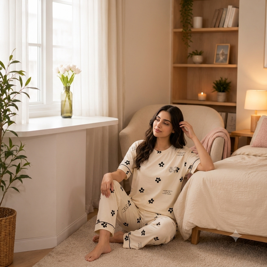 Cream Mini Floral Printed Pajama Set