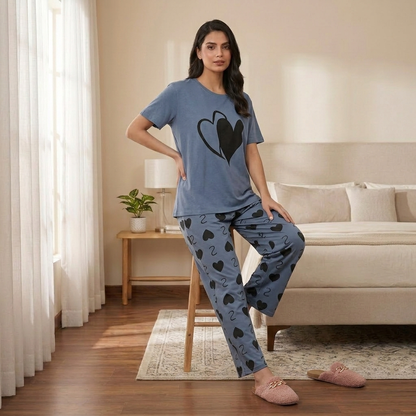 Dusty Blue Double Heart Printed Pajama Set