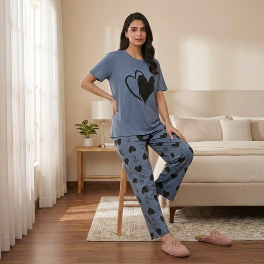 Dusty Blue Double Heart Printed Pajama Set
