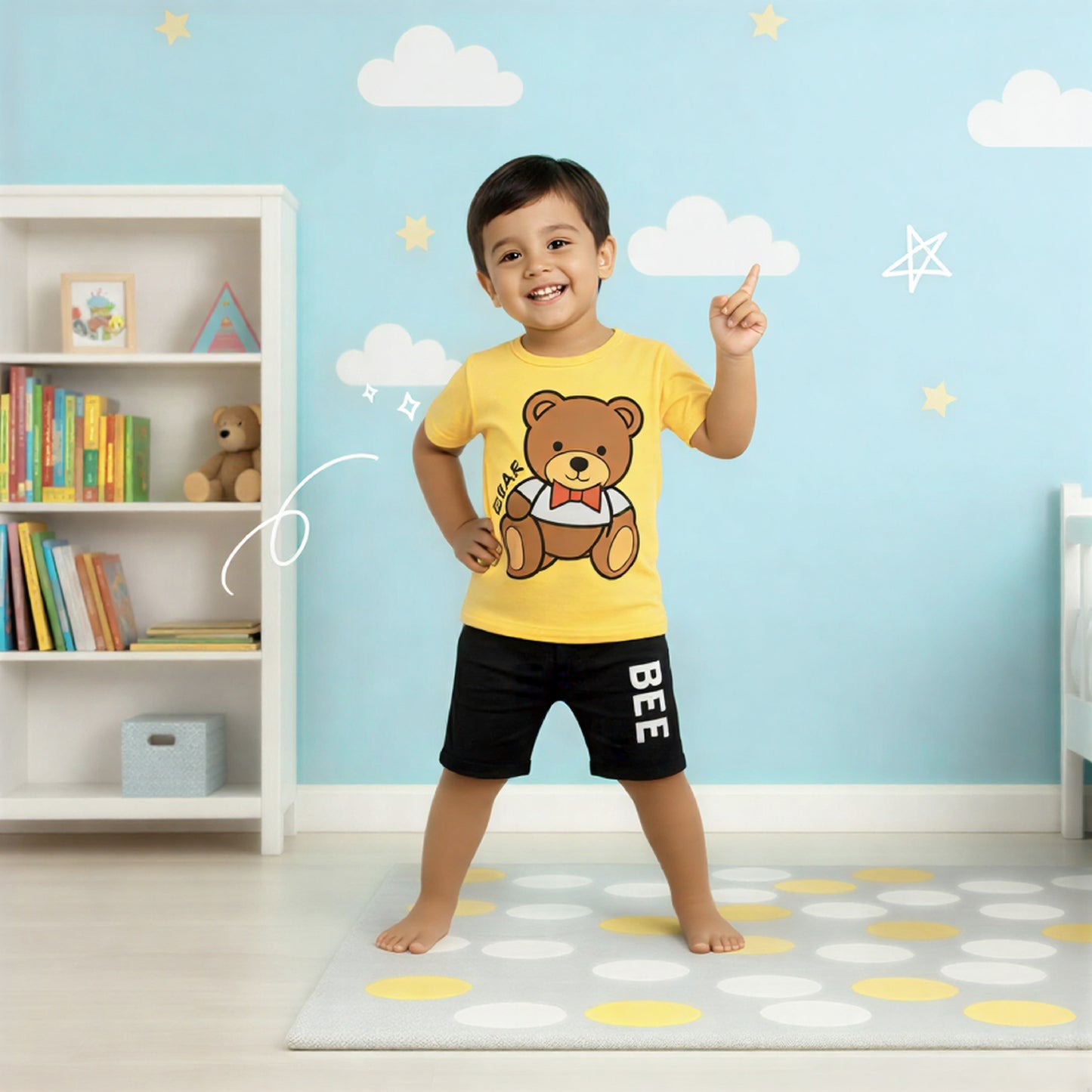 SZ 01- Kids Half Sleeves Short Yellow Black Bear Print