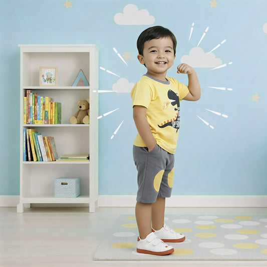 Yellow Boom Dino Printed Kids Short Sleeve Kids Wear