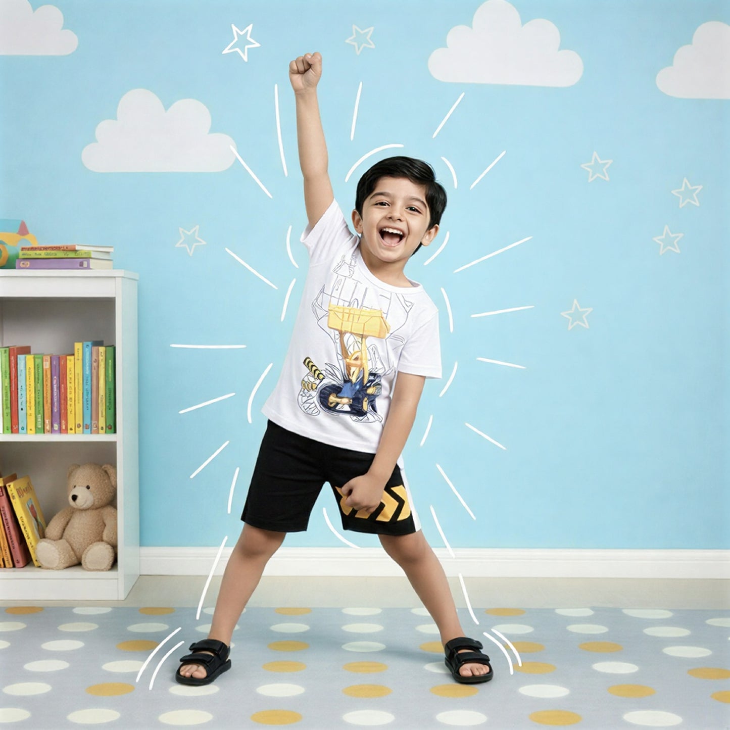 White Excavator Print KIds Short Wear