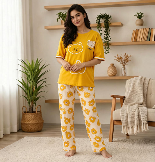 Mustard Bear Print Pajama Set