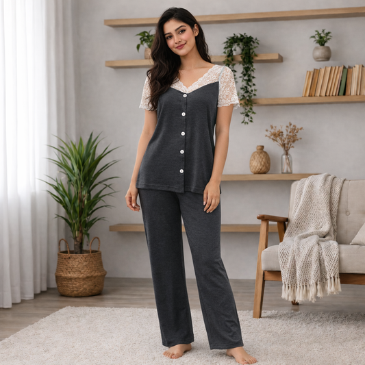 Charcoal Grey Lace-Trim Pajama Set