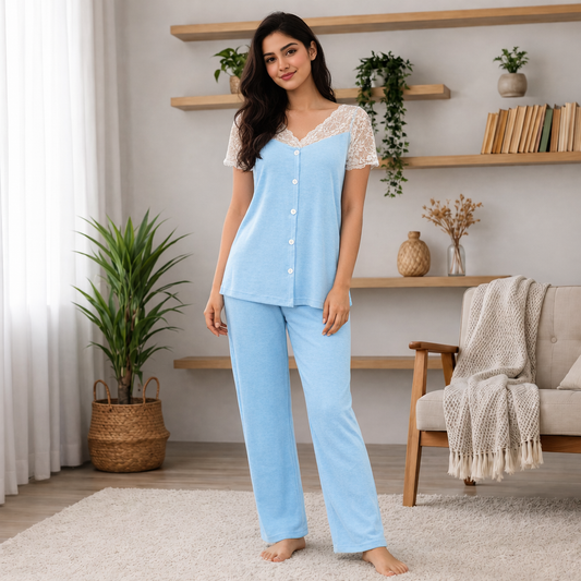 Sky Blue Lace-Trim Pajama Set