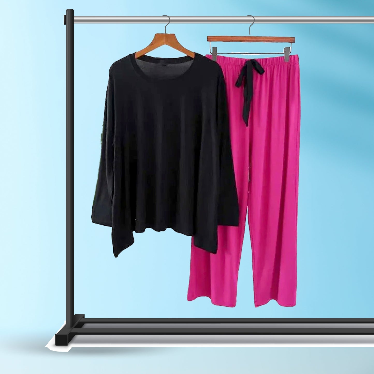 Black and Magenta 2Pcs Stitched  Loungewear