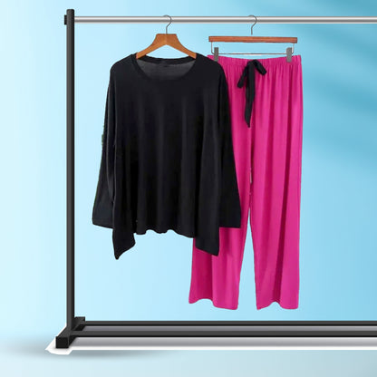 Black and Magenta 2Pcs Stitched  Loungewear