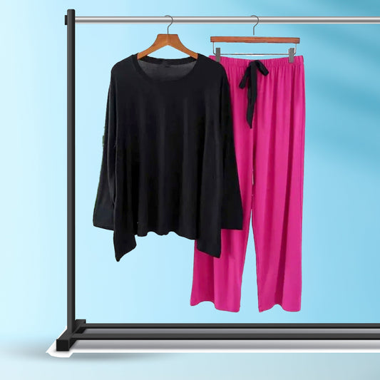 Black and Magenta 2Pcs Stitched  Loungewear