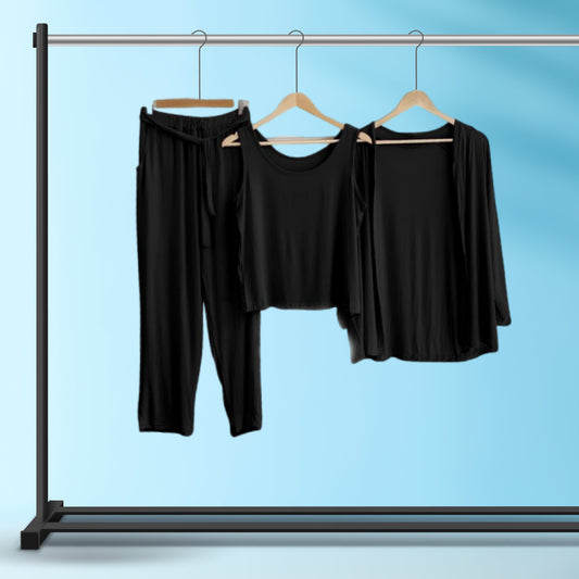 Black Long Sleeve Women Night Suit PJ Set 3 Pieces