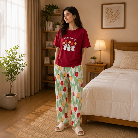 Crimson Bunny & Tulip Printed Pajama Set