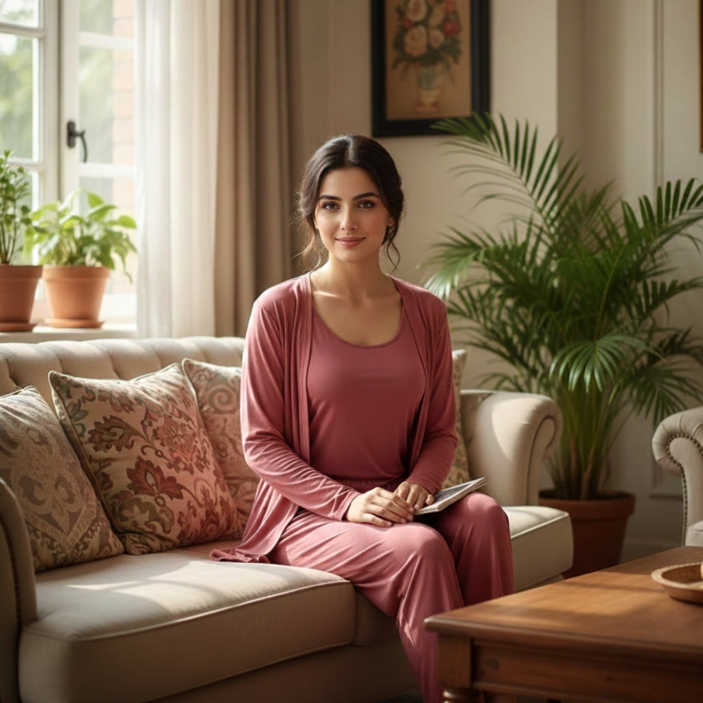 Hot pink Long Sleeve Women Night Suit PJ Set 3 Pieces