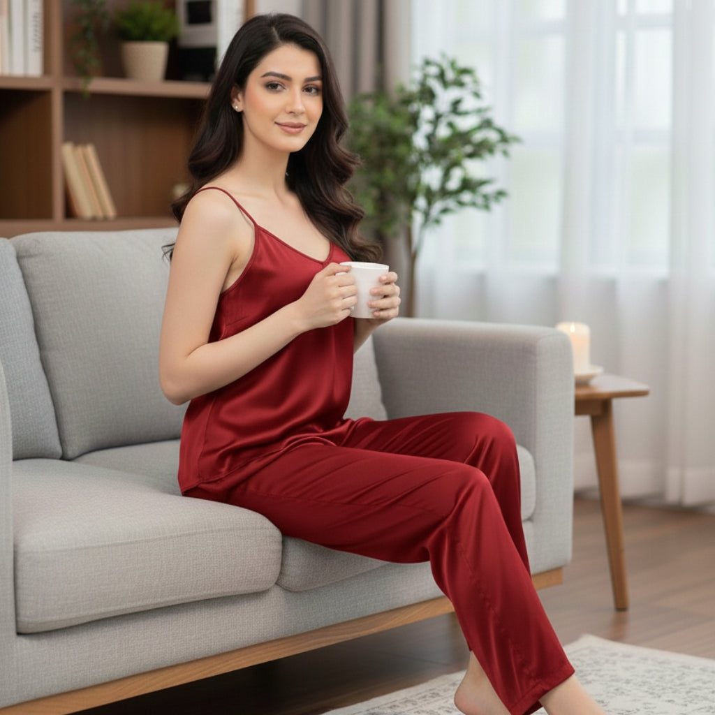 SATIN SILK CAMI PAJAMA SET FOR WOMEN