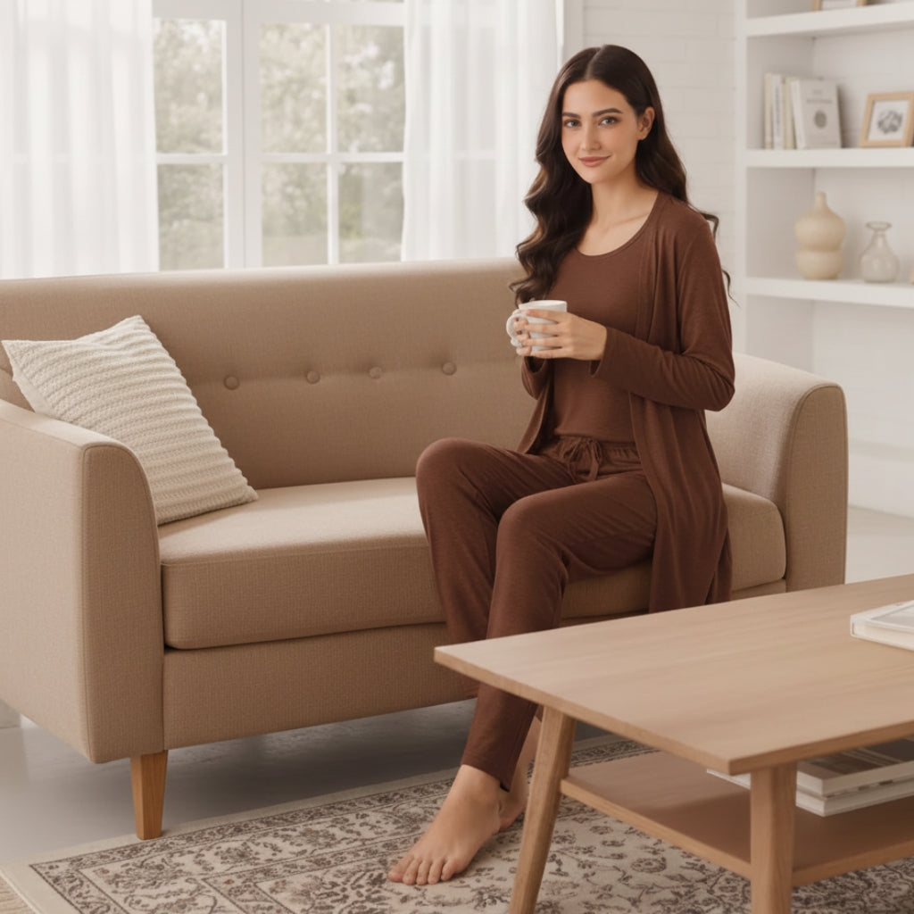 Brown Long Sleeve Women Night Suit PJ Set 3 Pieces