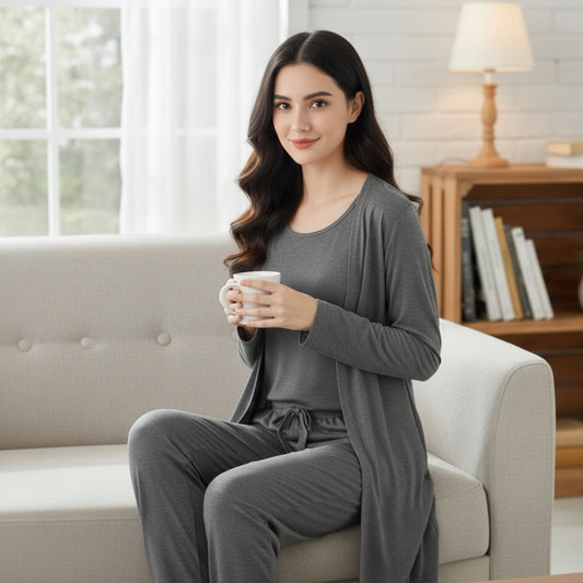 Grey Long Sleeve Women Night Suit PJ Set 3 Pieces