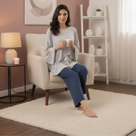 White With Shiny Blue 2pcs Stitched Loungewear