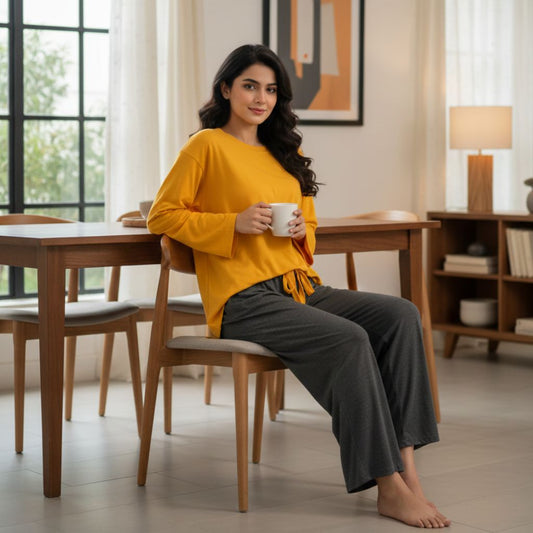 Yellow  Grey 2pcs Stitched Loungewear