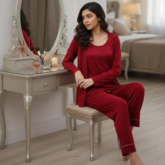 Red Long Sleeve Women Night Suit PJ Set 3 Pieces