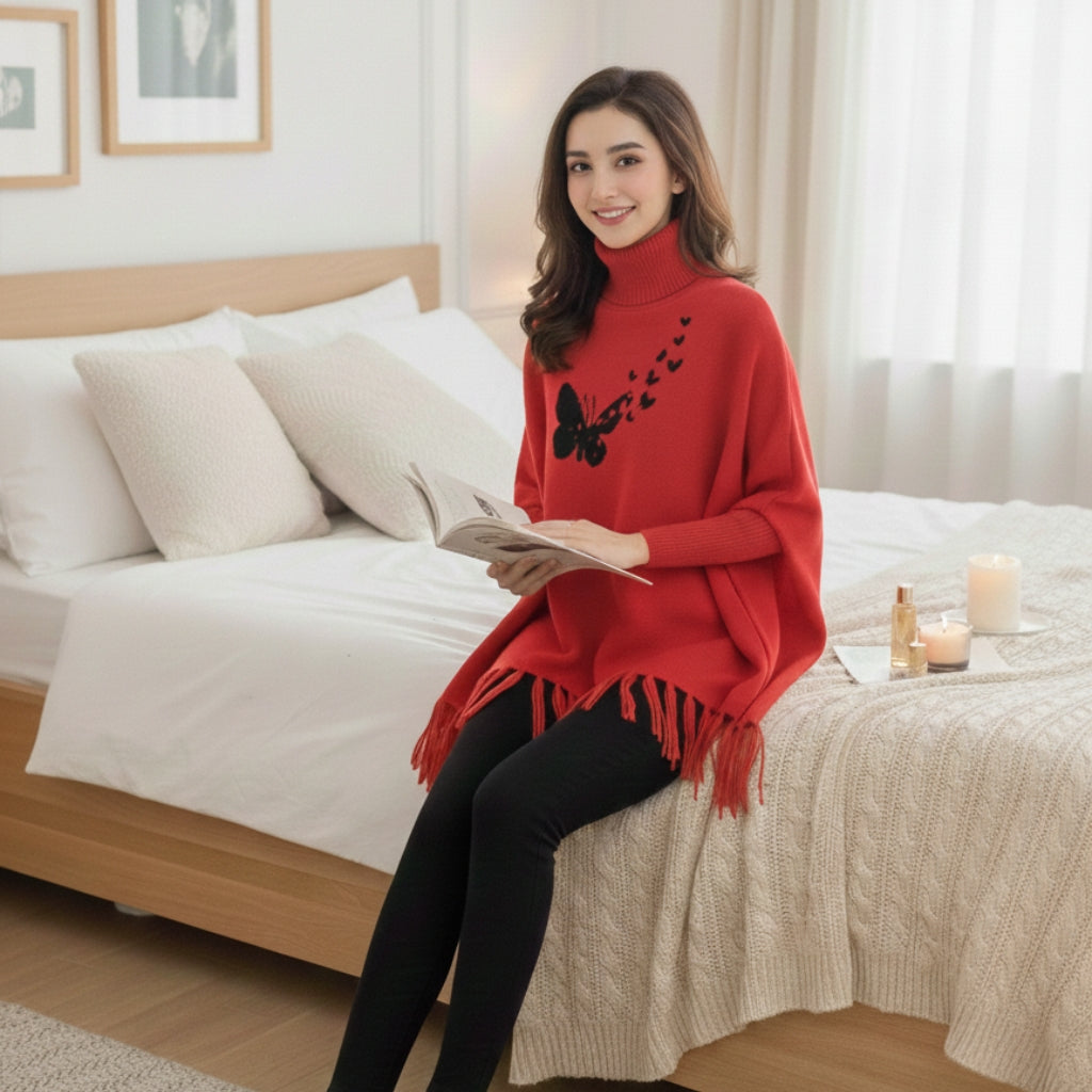 Red Flying Butterfly Printed Poncho