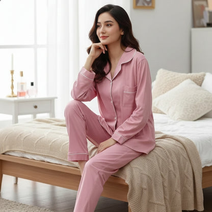 Pink Silk Night Suit Turn Down Collar Long Sleeves