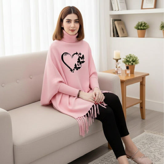 Pink Love Butterfly Printed Poncho