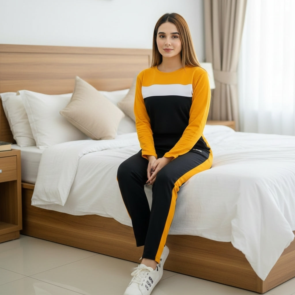 Mustard Striped Women's Tracksuit Set