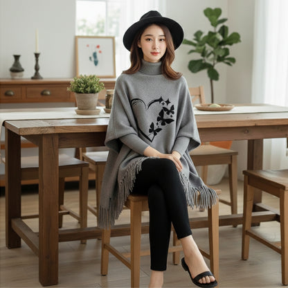 Grey Love Butterfly Printed Poncho