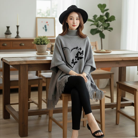 Grey Love Butterfly Printed Poncho