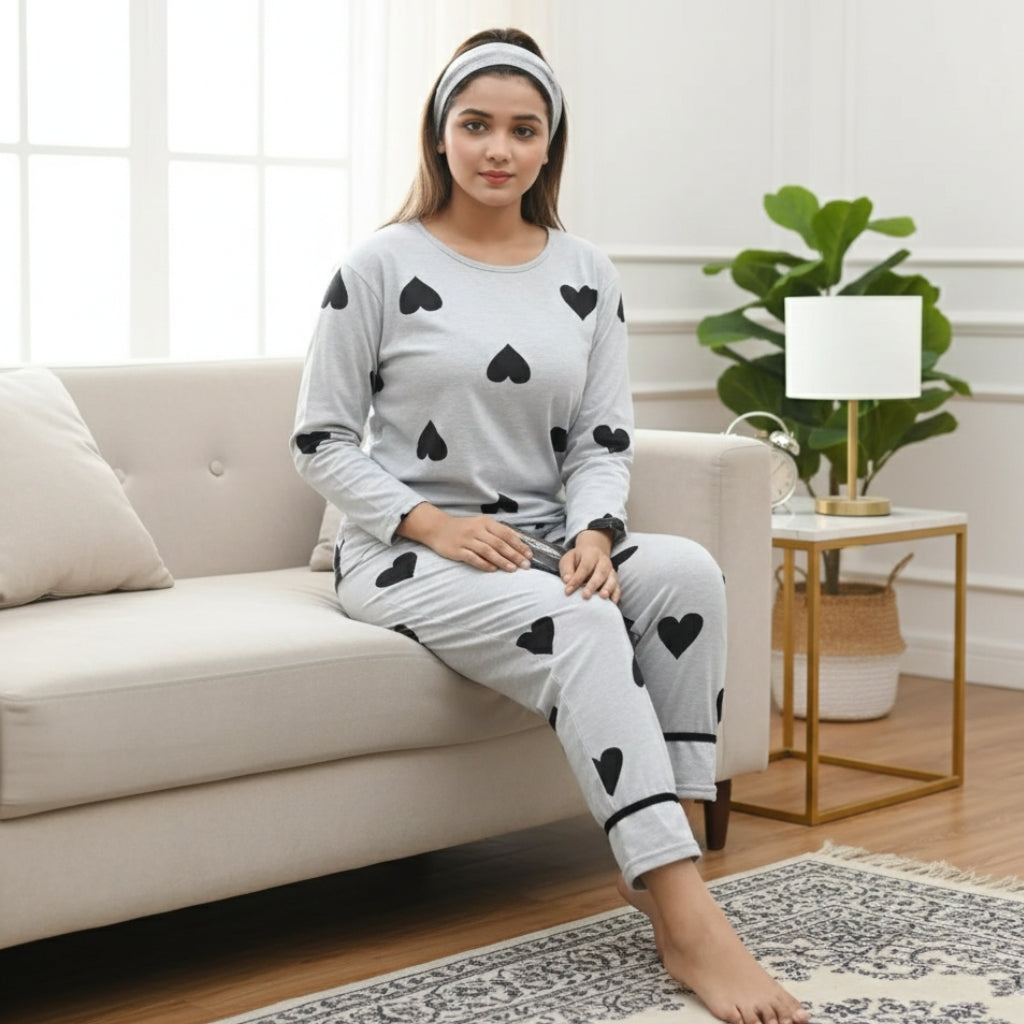 Grey Black Hearts Printed PJ Nightsuit