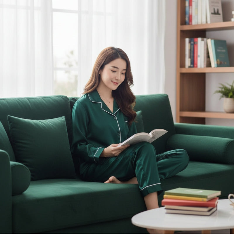 Bottle Green Silk Night Suit Turn Down Collar Long Sleeves