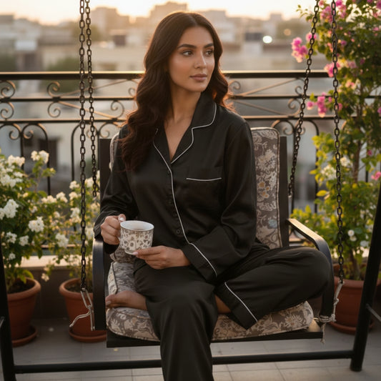 Black Silk Night Suit Turn Down Collar Long Sleeves