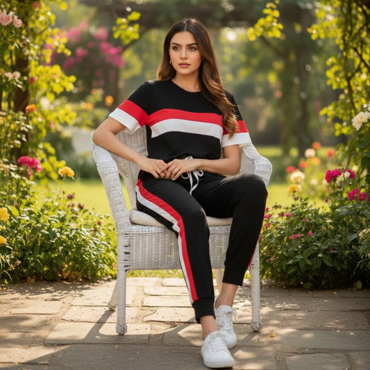 Black Red & White Stripe Tracksuit for Women