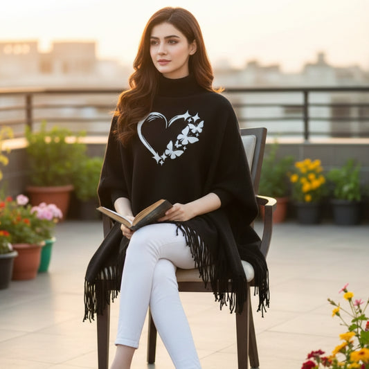 Black Love Butterfly Printed Poncho