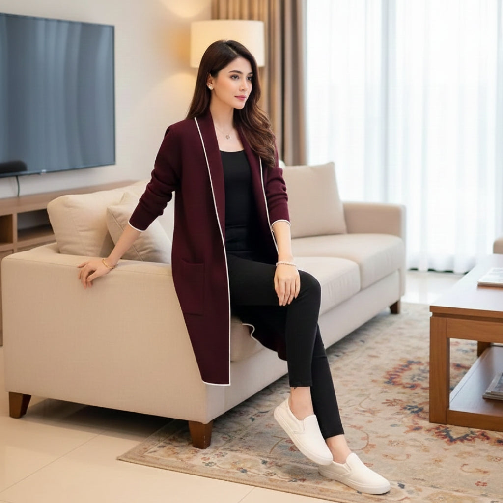 Maroon Front Open Long Coat Dual Pockets Jacket