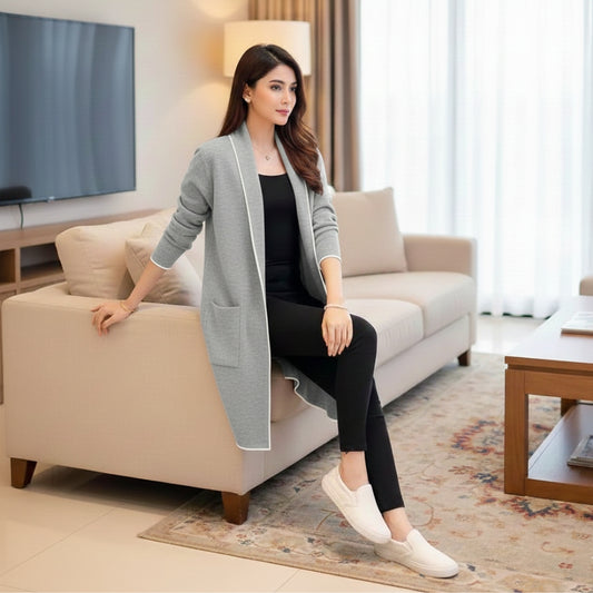 Grey Front Open Long Coat Dual Pockets Jacket