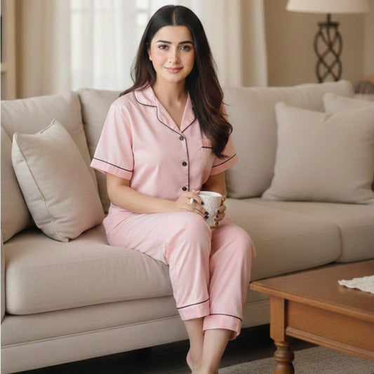 Baby Pink Silk Night Suit Turn Down Collar Long Sleeves