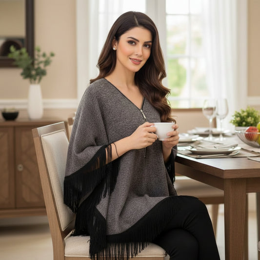Grey Women Zipper Cape Poncho