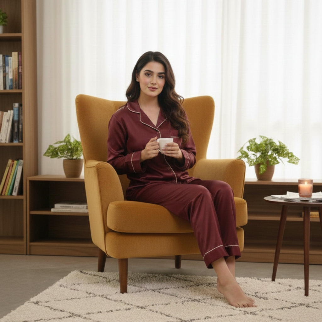 Silky Maroon Silk Night Suit Turn Down Collar Long Sleeves