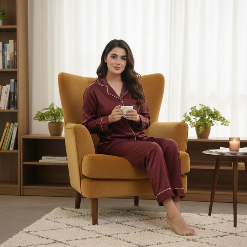 Silky Maroon Silk Night Suit Turn Down Collar Long Sleeves