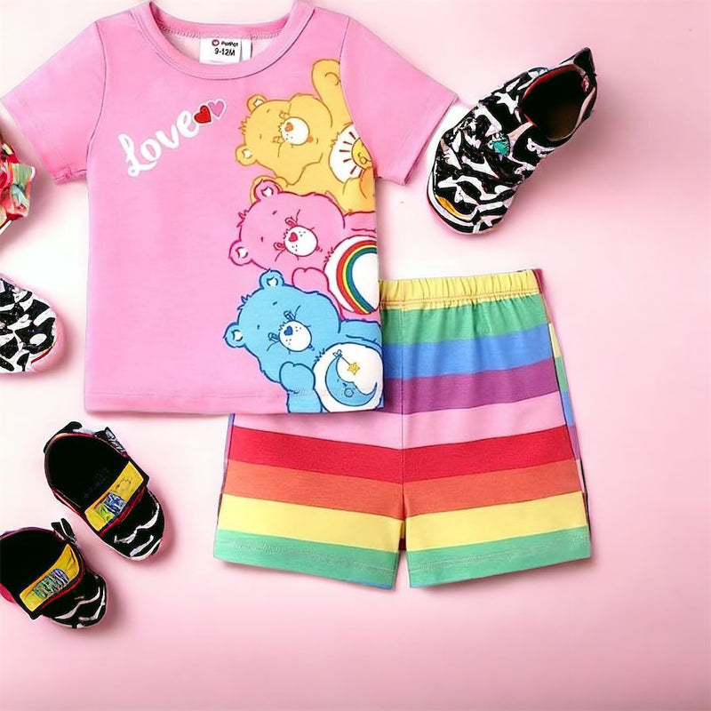 Pink Love Bear Print With Rainbow Print Short