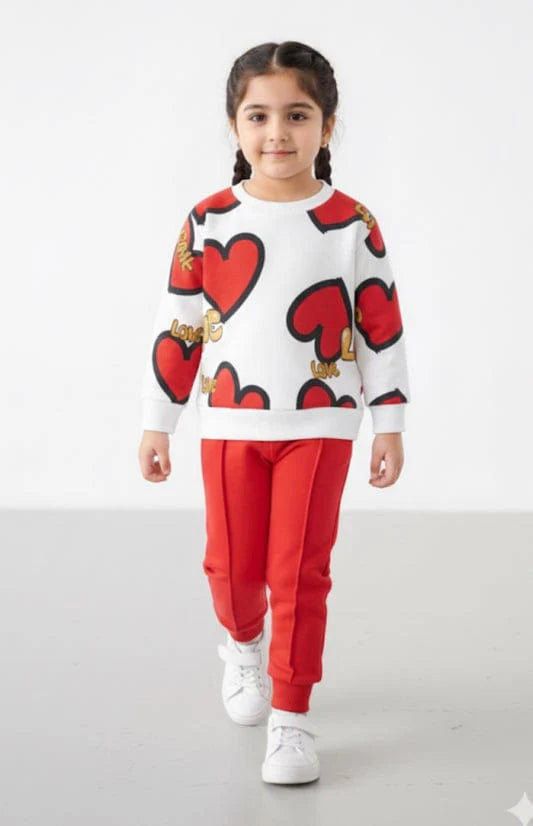Girls Cozy Heart Design Red And White Winter Co-Ord Set