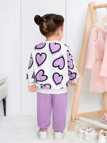 Girls Cozy Heart Design Purple And White Winter Co-Ord Set